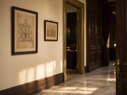 Heritage office hallway with dark wood, cream plaster, and gold afternoon light