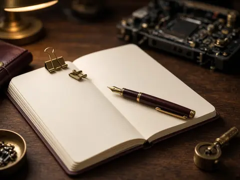 Workbench notebook, fountain pen, and a blurred circuit board