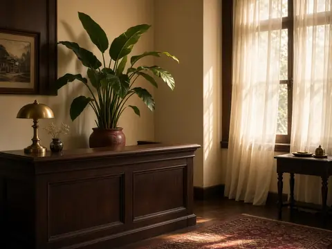 Warm small-office reception with wood, cream walls, and afternoon light