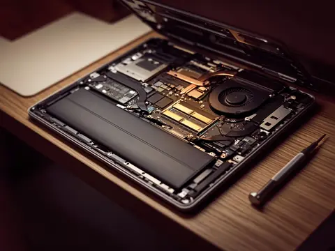 Opened laptop on a repair bench with precision tools and gold-lit parts