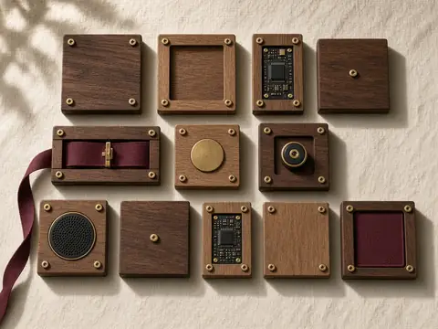 Modular wooden tiles and electronic parts arranged on cream linen