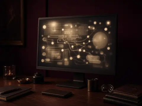Walnut desk with a softly glowing warm software display