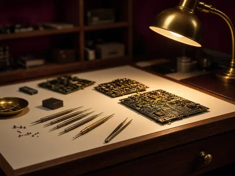 Warm electronics workbench with circuit boards and gold-lit tools
